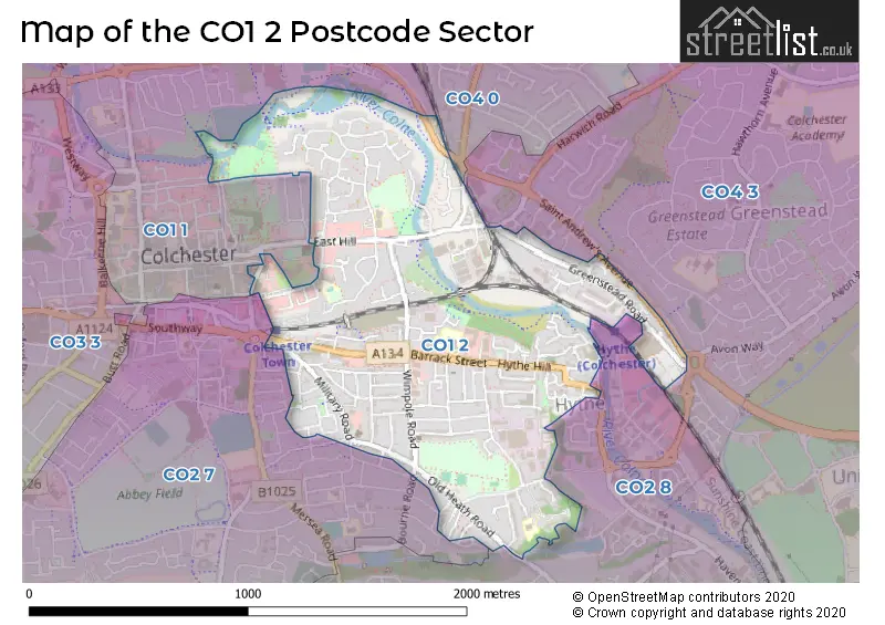 Map of the CO1 2 and surrounding postcode sector