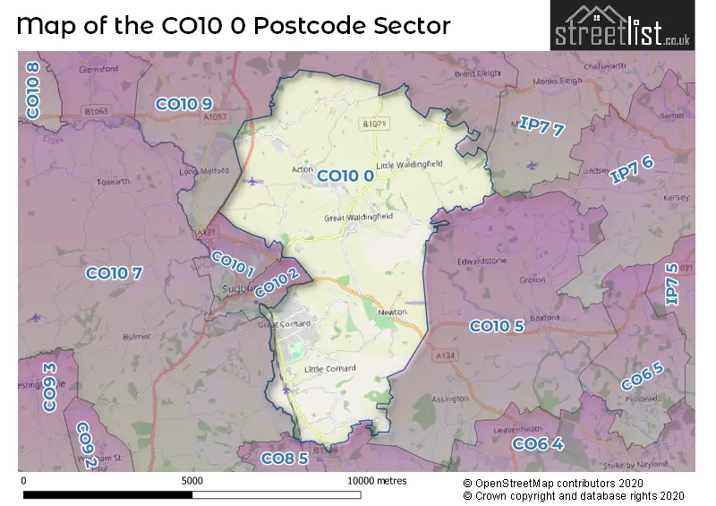 Map of the CO10 0 and surrounding postcode sector