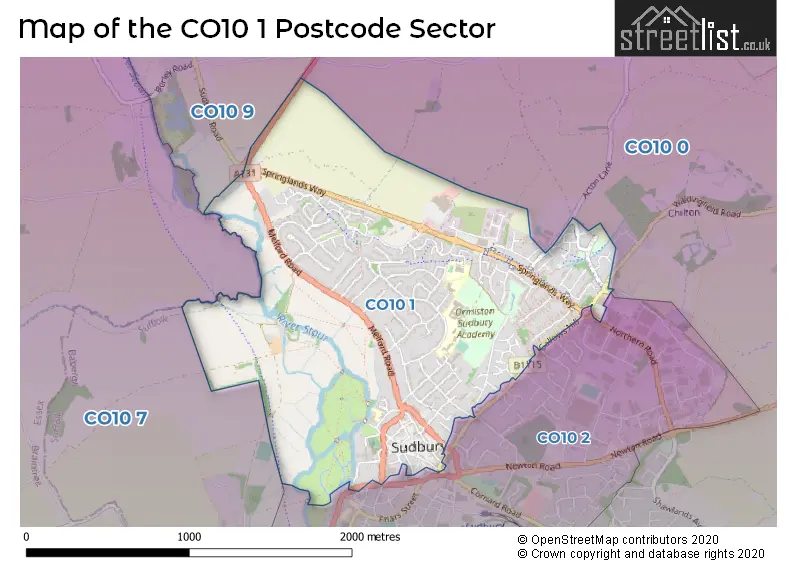 Map of the CO10 1 and surrounding postcode sector