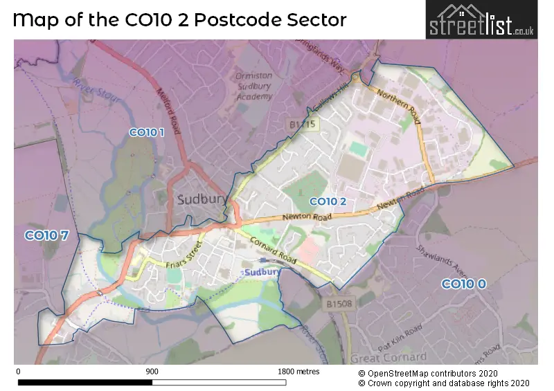 Map of the CO10 2 and surrounding postcode sector