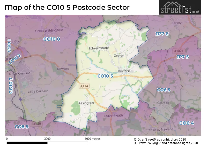 Map of the CO10 5 and surrounding postcode sector