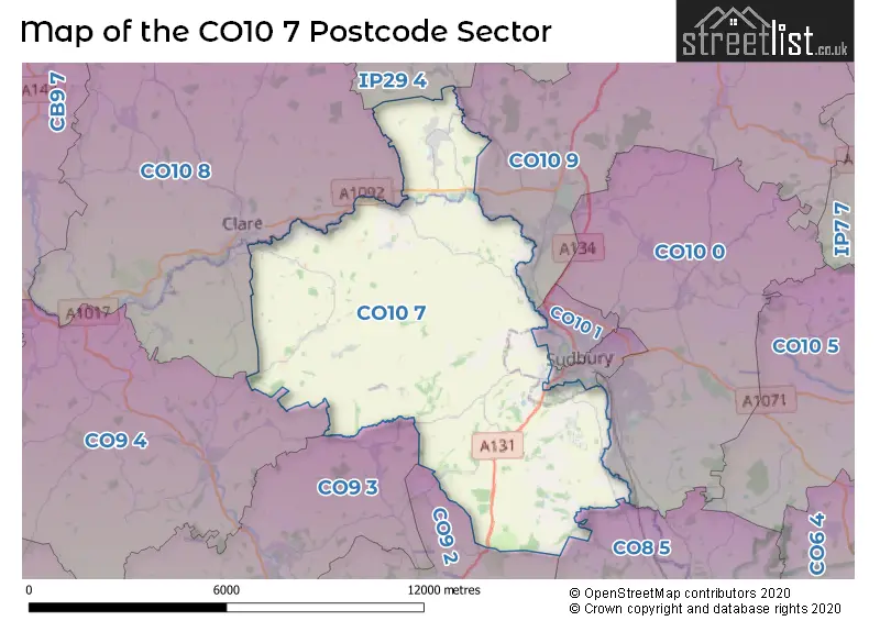 Map of the CO10 7 and surrounding postcode sector