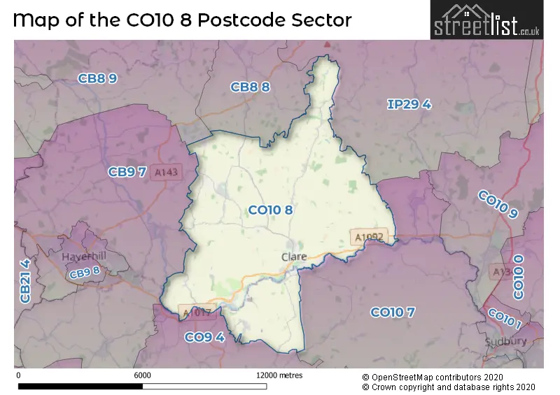 Map of the CO10 8 and surrounding postcode sector