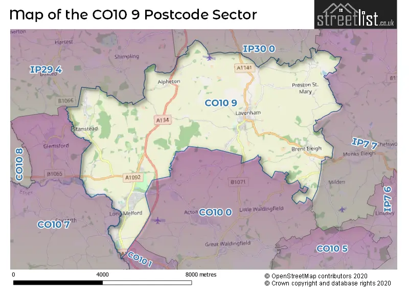 Map of the CO10 9 and surrounding postcode sector