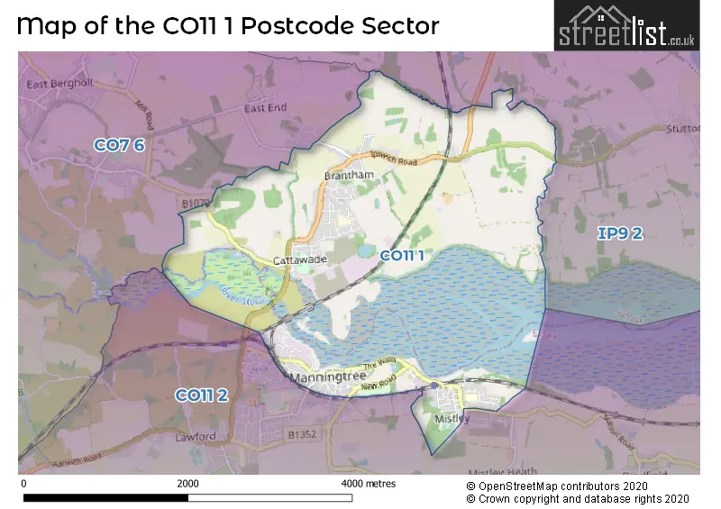 Map of the CO11 1 and surrounding postcode sector