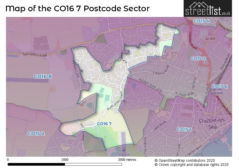 Map of the CO16 7 and surrounding postcode sector