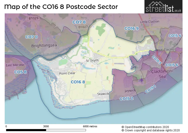 Map of the CO16 8 and surrounding postcode sector