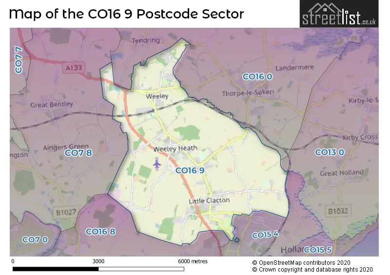 Map of the CO16 9 and surrounding postcode sector