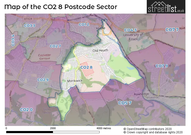 Map of the CO2 8 and surrounding postcode sector