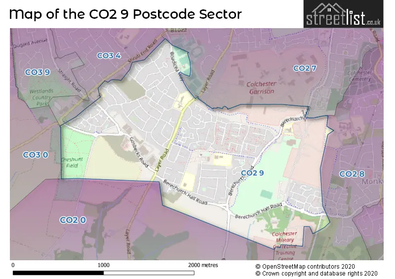 Map of the CO2 9 and surrounding postcode sector