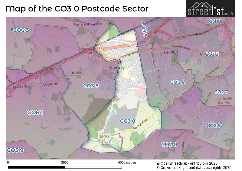 Map of the CO3 0 and surrounding postcode sector