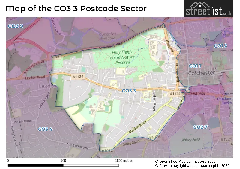 Map of the CO3 3 and surrounding postcode sector