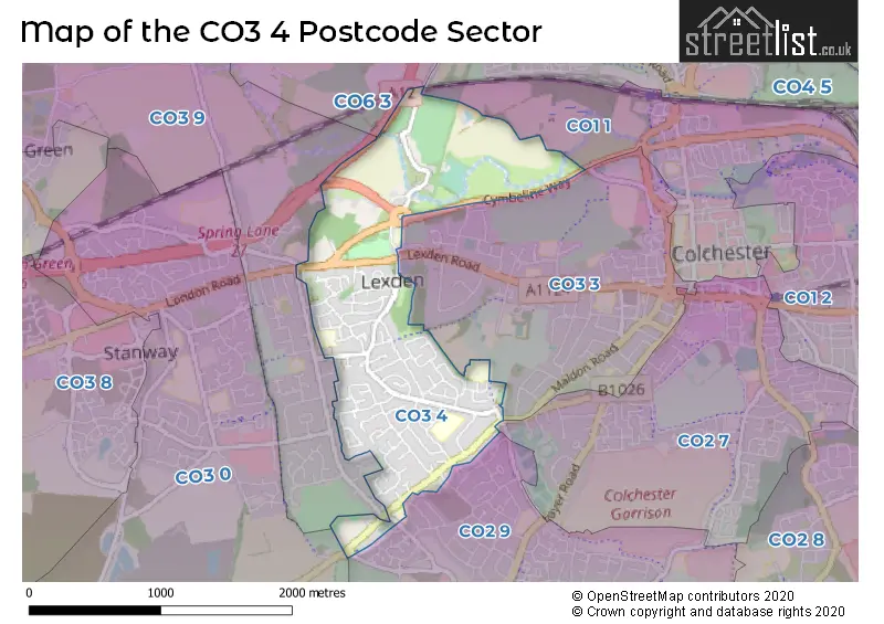 Map of the CO3 4 and surrounding postcode sector
