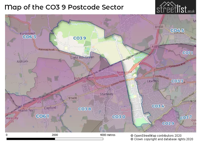 Map of the CO3 9 and surrounding postcode sector