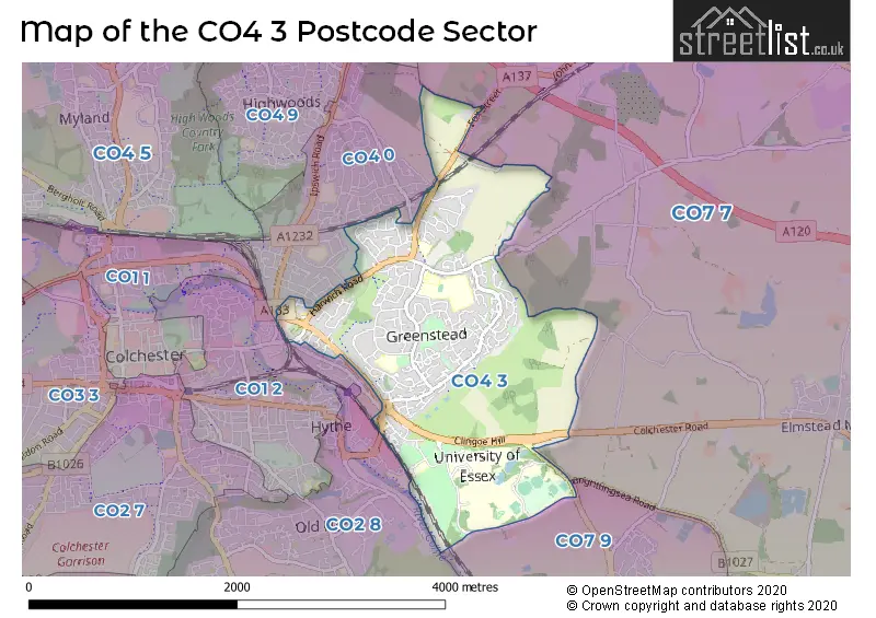 Map of the CO4 3 and surrounding postcode sector