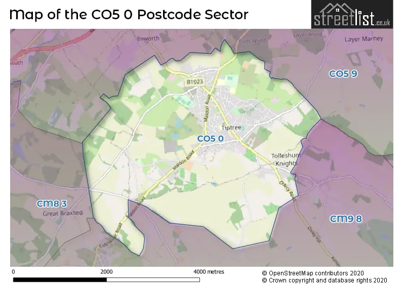 Map of the CO5 0 and surrounding postcode sector