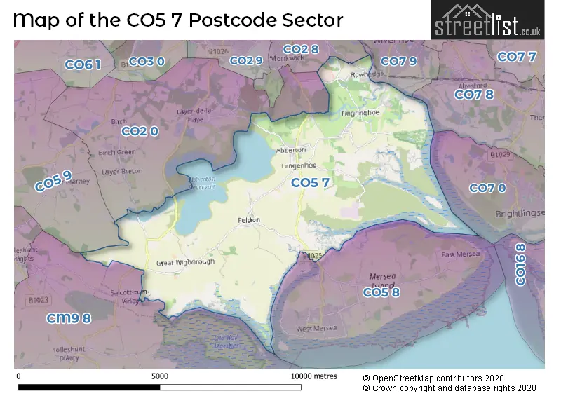 Map of the CO5 7 and surrounding postcode sector