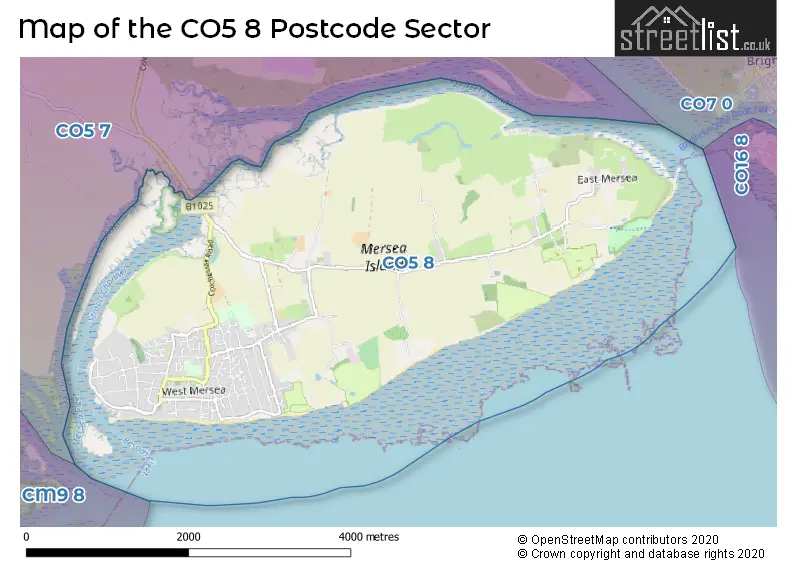 Map of the CO5 8 and surrounding postcode sector