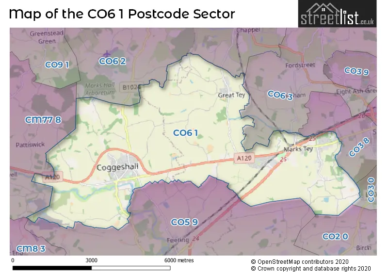 Map of the CO6 1 and surrounding postcode sector