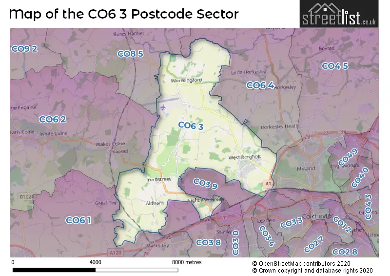 Map of the CO6 3 and surrounding postcode sector