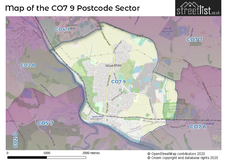 Map of the CO7 9 and surrounding postcode sector