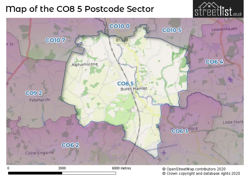 Map of the CO8 5 and surrounding postcode sector