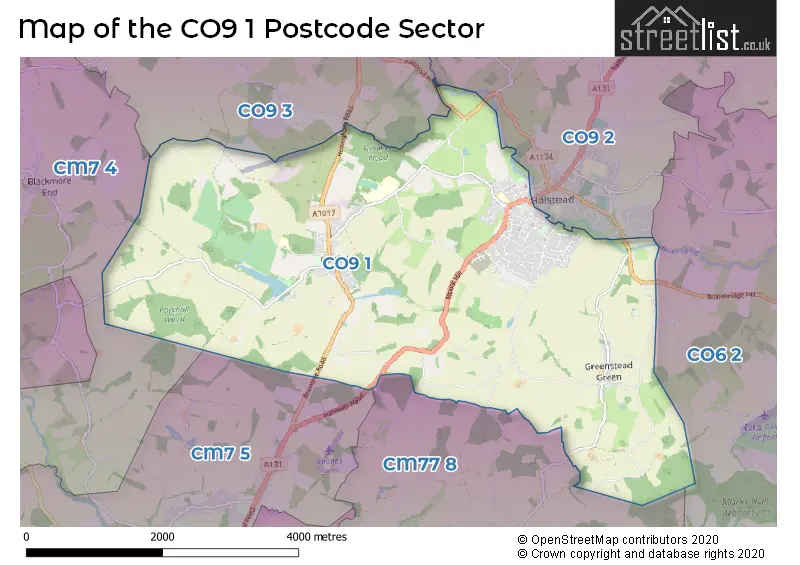 Map of the CO9 1 and surrounding postcode sector