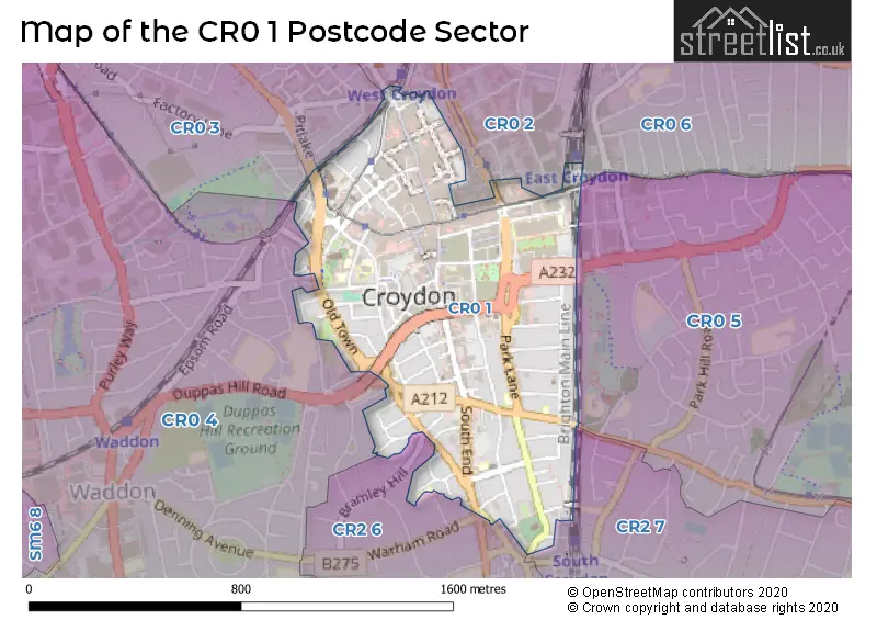 Map of the CR0 1 and surrounding postcode sector