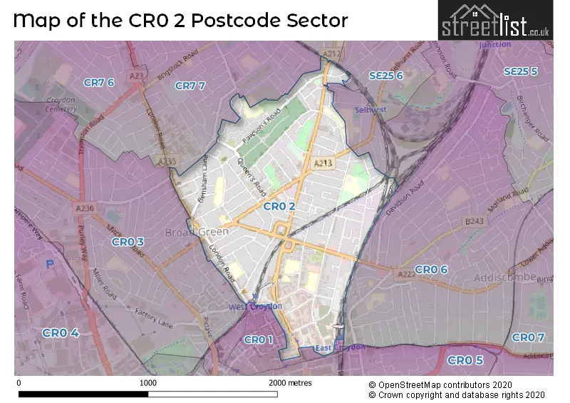 Map of the CR0 2 and surrounding postcode sector