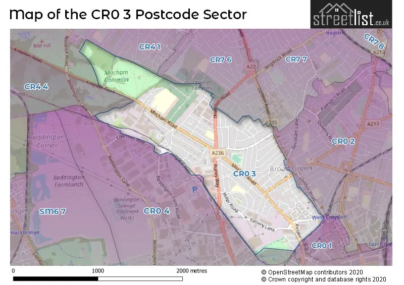 Map of the CR0 3 and surrounding postcode sector