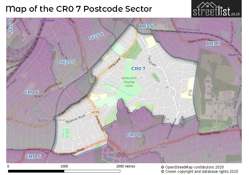 Map of the CR0 7 and surrounding postcode sector