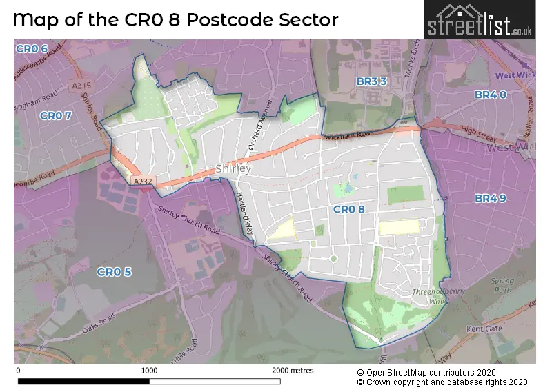 Map of the CR0 8 and surrounding postcode sector
