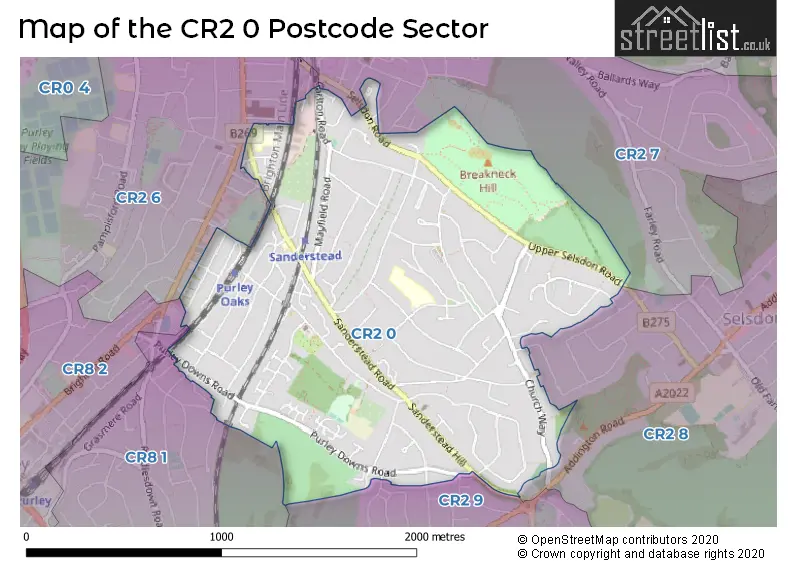 Map of the CR2 0 and surrounding postcode sector
