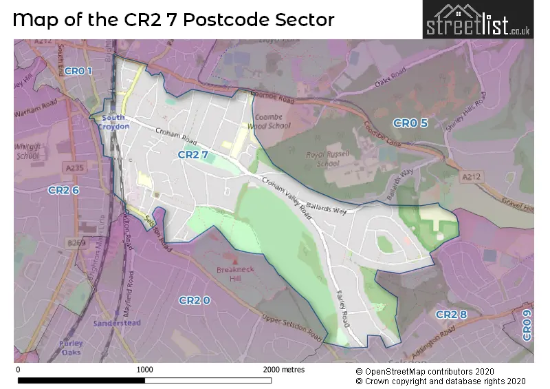 Map of the CR2 7 and surrounding postcode sector