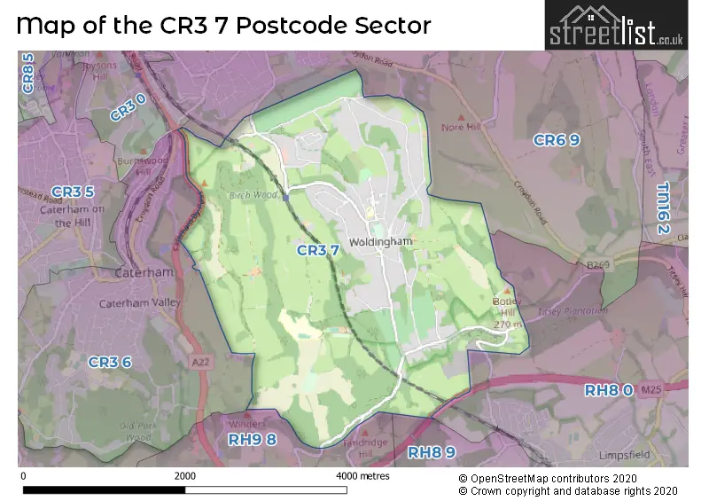 Map of the CR3 7 and surrounding postcode sector
