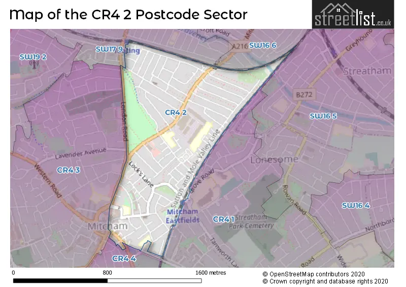 Map of the CR4 2 and surrounding postcode sector