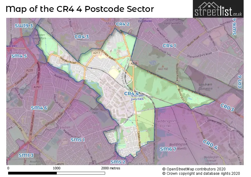 Map of the CR4 4 and surrounding postcode sector