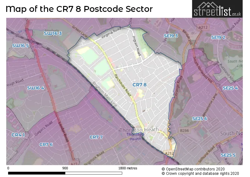 Map of the CR7 8 and surrounding postcode sector
