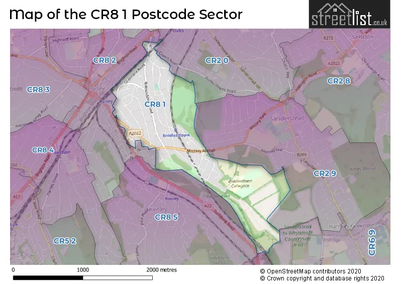 Map of the CR8 1 and surrounding postcode sector