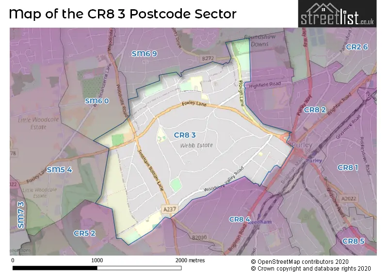 Map of the CR8 3 and surrounding postcode sector