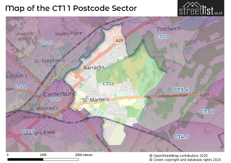 Map of the CT1 1 and surrounding postcode sector