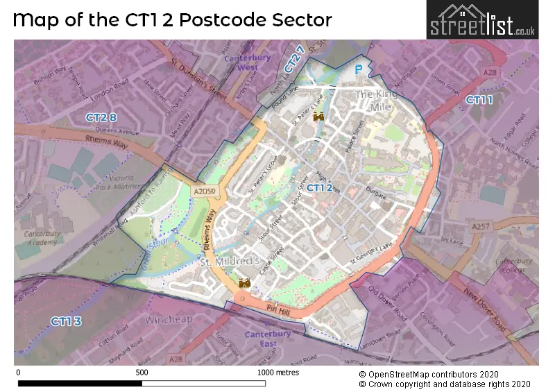 Map of the CT1 2 and surrounding postcode sector