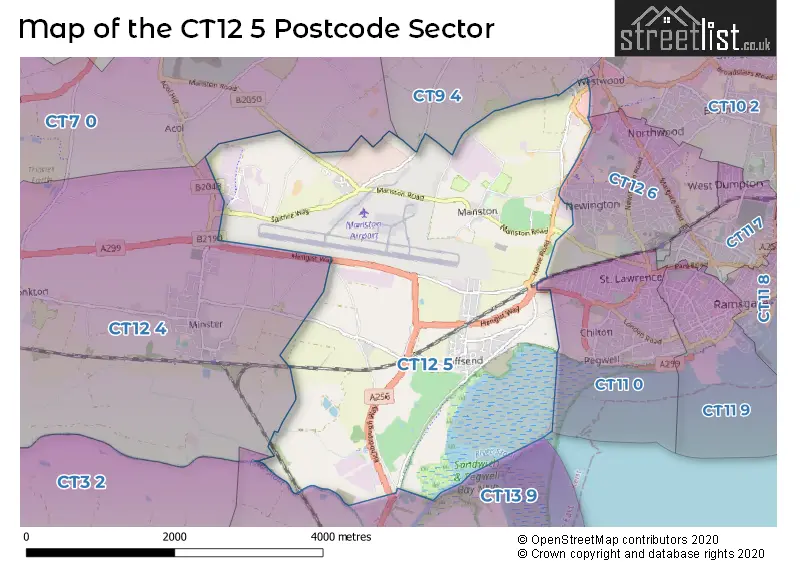 Map of the CT12 5 and surrounding postcode sector