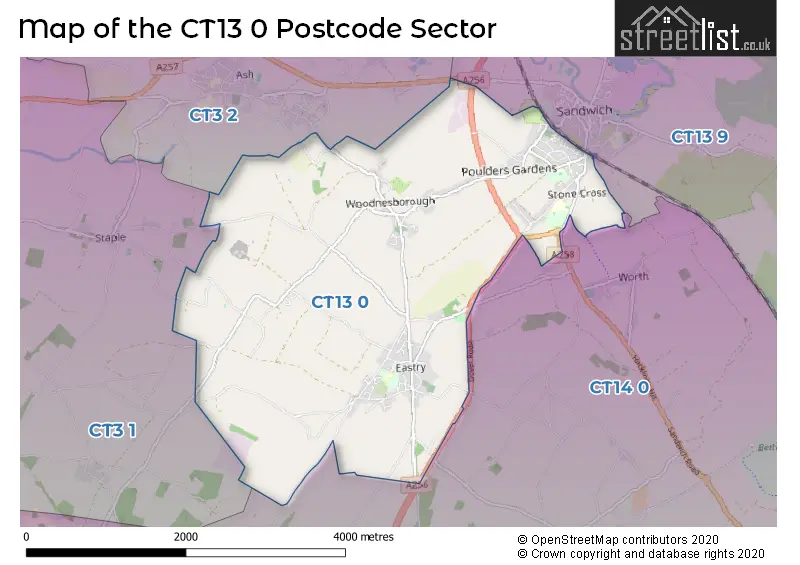 Map of the CT13 0 and surrounding postcode sector