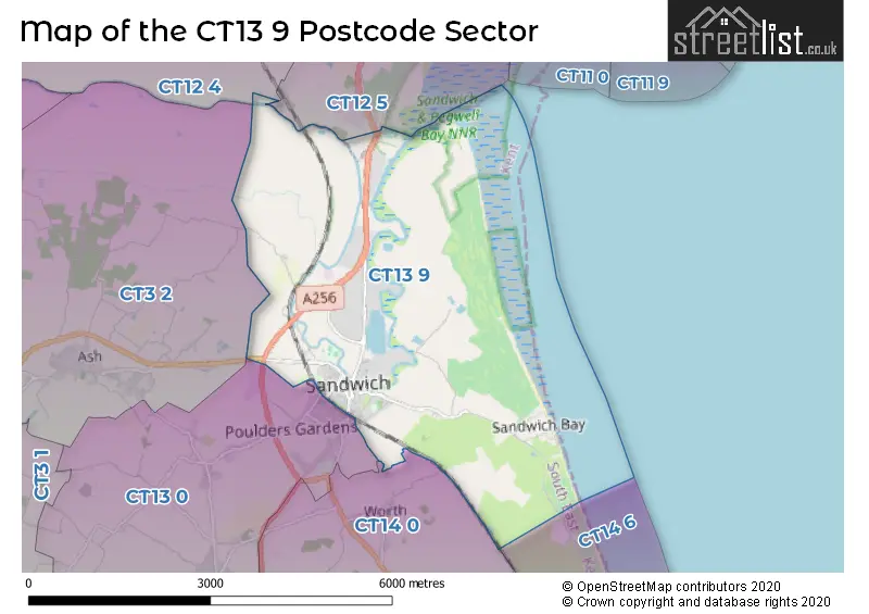 Map of the CT13 9 and surrounding postcode sector