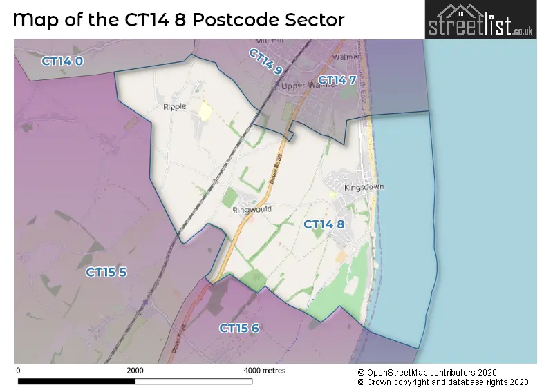 Map of the CT14 8 and surrounding postcode sector