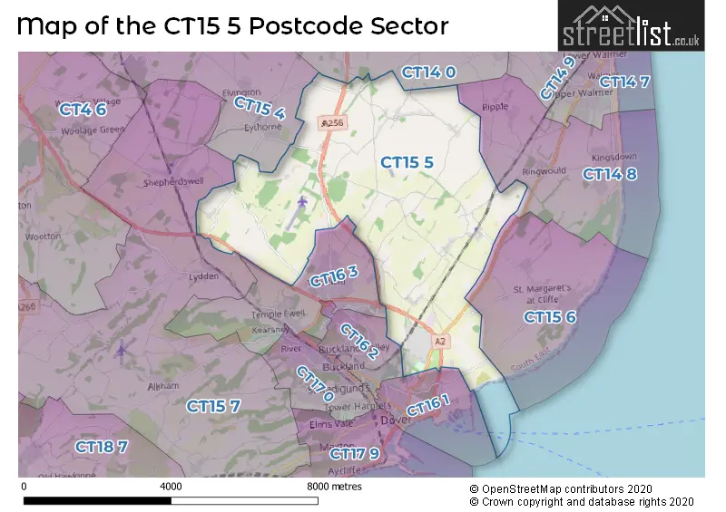 Map of the CT15 5 and surrounding postcode sector