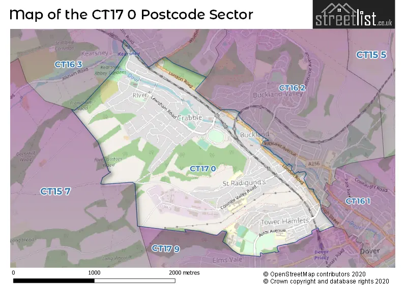 Map of the CT17 0 and surrounding postcode sector
