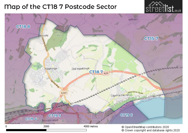 Map of the CT18 7 and surrounding postcode sector