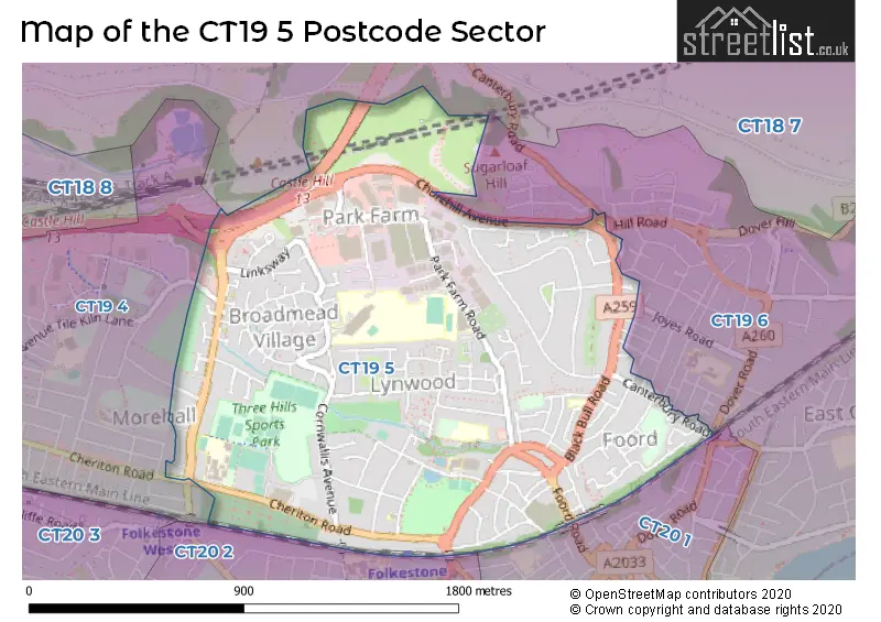 Map of the CT19 5 and surrounding postcode sector